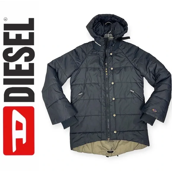 Diesel Woman’s Puffer Jacket Black High Low Hooded Insulated Winter Coat M - Picture 4 of 16